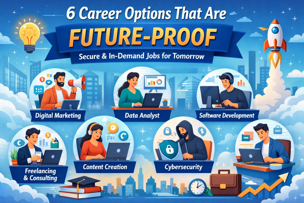Illustration showing 6 career options that are future-proof including digital marketing, data analyst, software development, freelancing and consulting, content creation, and cybersecurity, highlighting secure and in-demand career paths for the future.