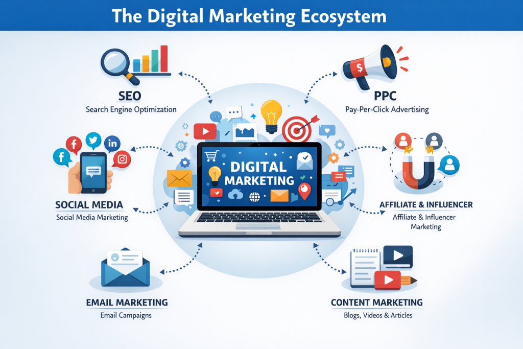 “Digital marketing ecosystem infographic showing SEO, PPC, social media marketing, content marketing, email marketing, and affiliate & influencer marketing around a laptop screen”
