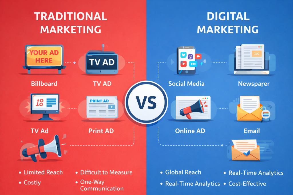 Infographic comparing traditional marketing and digital marketing, showing billboards, TV, and print ads on the traditional side, and social media, online ads, and email marketing on the digital side with differences in reach, cost, and measurement”