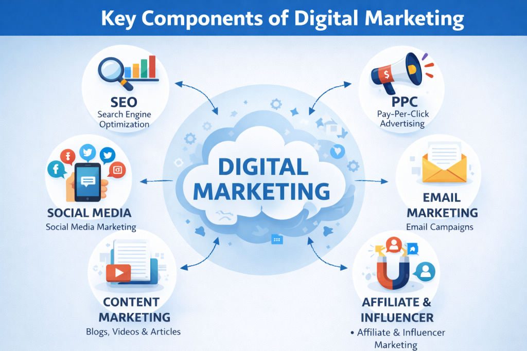 “Infographic displaying key components of digital marketing including SEO, PPC, social media marketing, content marketing, email marketing, and affiliate marketing in a colorful layout”