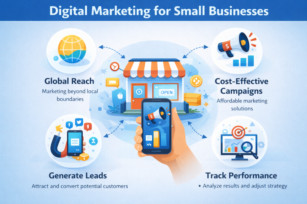 “Infographic showing digital marketing strategies for small businesses with elements like global reach, cost-effective campaigns, lead generation, and performance tracking around a small storefront and mobile phone icons”