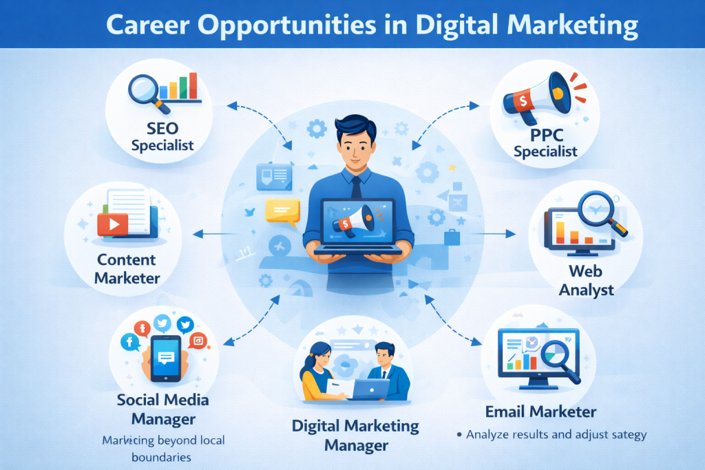 “Infographic showing career opportunities in digital marketing with roles including SEO Specialist, PPC Specialist, Content Marketer, Web Analyst, Social Media Manager, Email Marketer, and Digital Marketing Manager connected around a central figure holding a laptop”