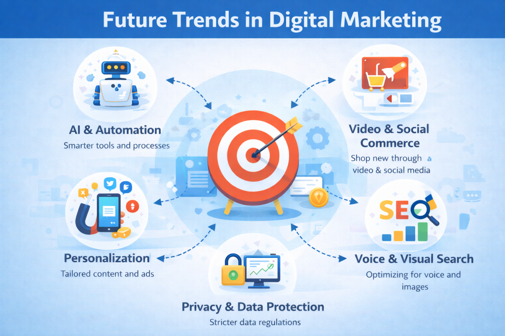 “Infographic showing future trends in digital marketing including AI and automation, video and social commerce, personalization, voice and visual search, and privacy & data protection around a central target icon”