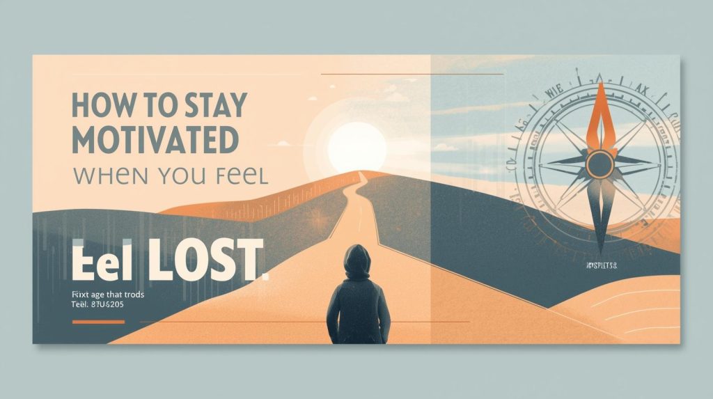Illustration of a person standing on a path toward the sunrise with a compass in the background, symbolizing how to stay motivated when you feel lost and find direction and purpose in life.