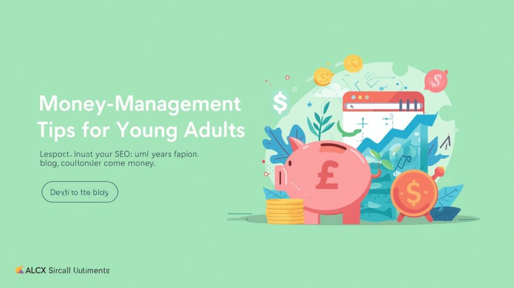 Illustration showing a piggy bank, coins, growth chart, and financial icons, representing practical money management tps for young adults to save, budget, and grow wealth effectively.