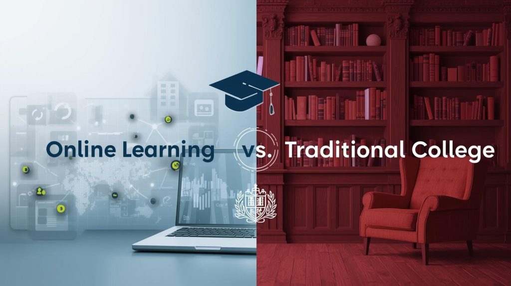 Illustration comparing online learning vs traditional college, showing a laptop and digital icons on one side and a classic library with books and chair on the other, highlighting the difference between online learning and classroom education.