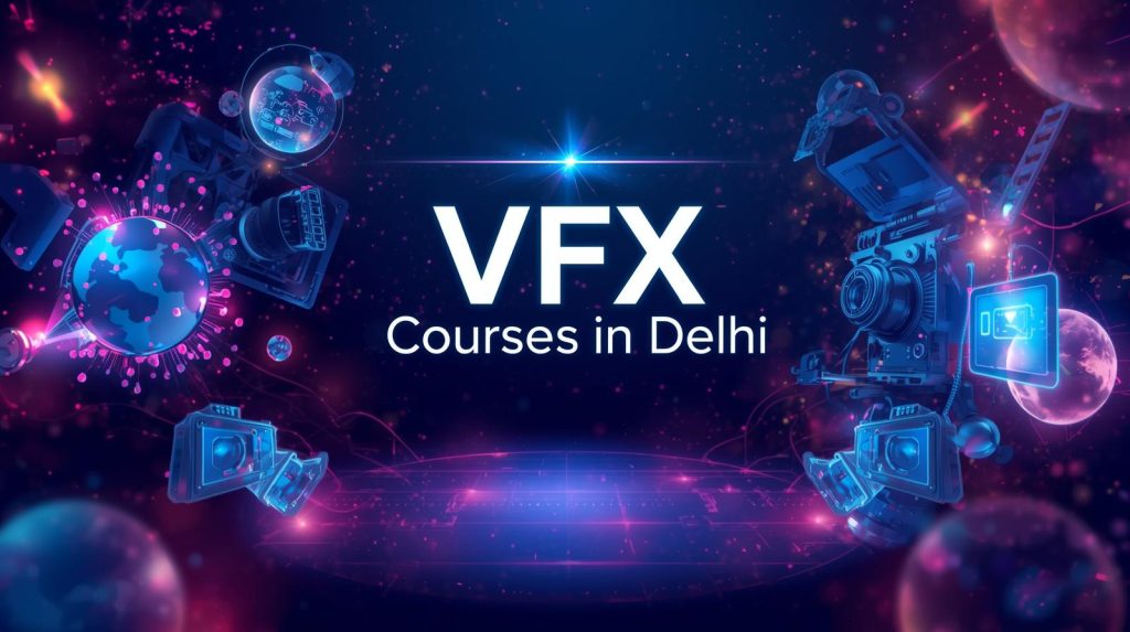 Creative banner showcasing advanced visual effects technology with cameras, digital graphics, and cinematic elements, representing professional VFX courses in Delhi for animation, filmmaking, and post-production careers.